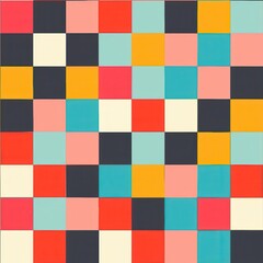 This image showcases a vibrant abstract pattern with various colored squares. The pattern features a grid with a mix of red, yellow, blue, pink, white, and black squares arranged in a dynamic, repeati