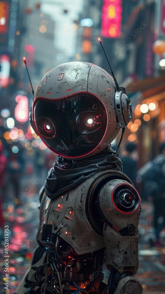 Poster a robot with red eyes and a white helmet stands in front of a neon sign. the robot is wearing a scar