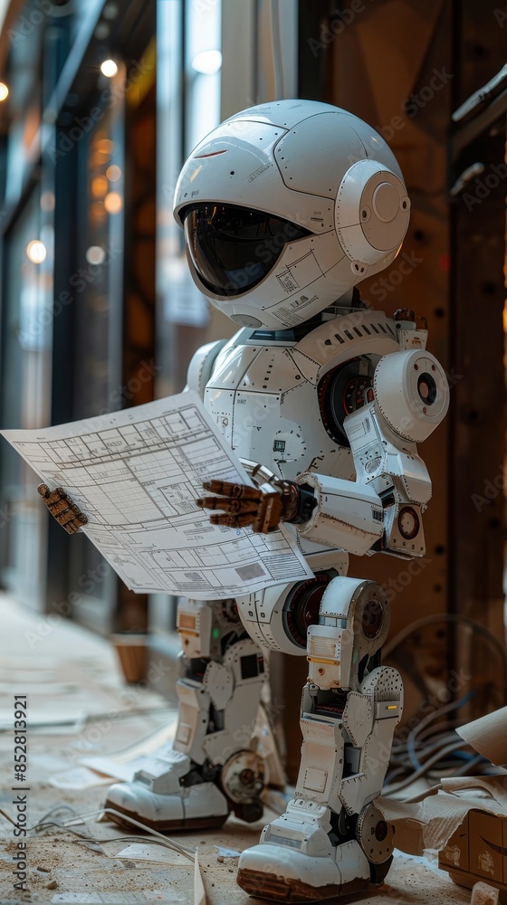 Poster A robot is holding a piece of paper and standing in a room. The robot is white and has a helmet on its head. The robot appears to be reading the paper, possibly a blueprint or a manual