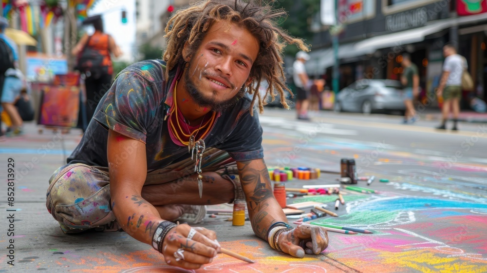 Poster a man with dreadlocks is painting on a sidewalk. he is smiling and he is enjoying himself