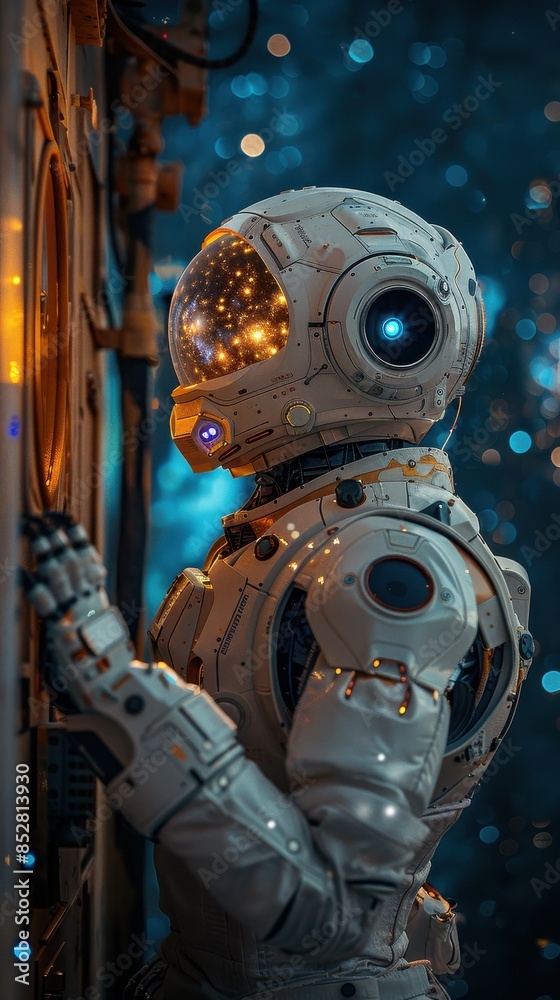 Poster A robot astronaut is standing in front of a window, looking out into space. The image has a futuristic and otherworldly feel to it, with the robot's metallic appearance and the blue sky background