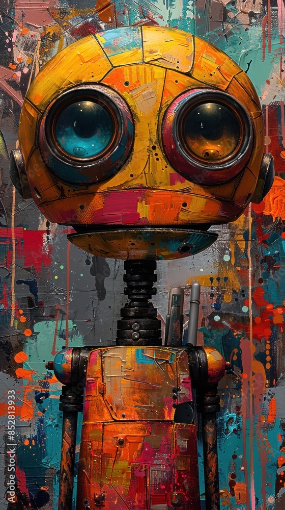 Leinwandbilder A robot with colorful eyes and a yellow body. The robot is a work of art, and the colors and design give it a playful and whimsical feel