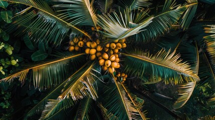 View of coconuts and palm tree from above