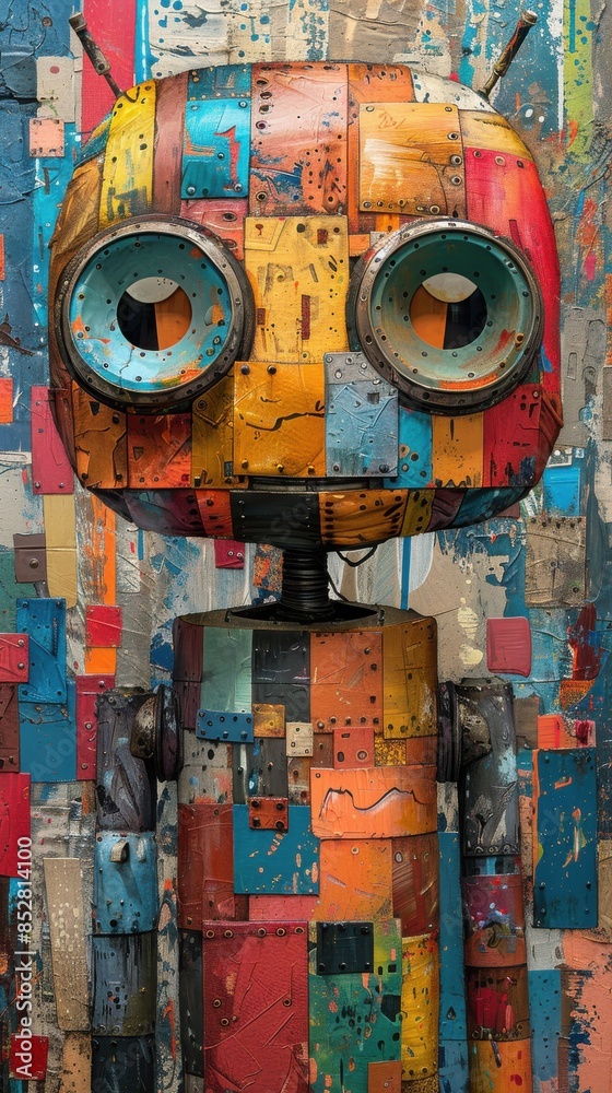 Fototapete a colorful robot with a face made of metal and plastic. the robot is standing in front of a wall wit