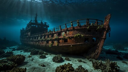 About the eerie tranquility of a sunken ship surrounded by marine life 