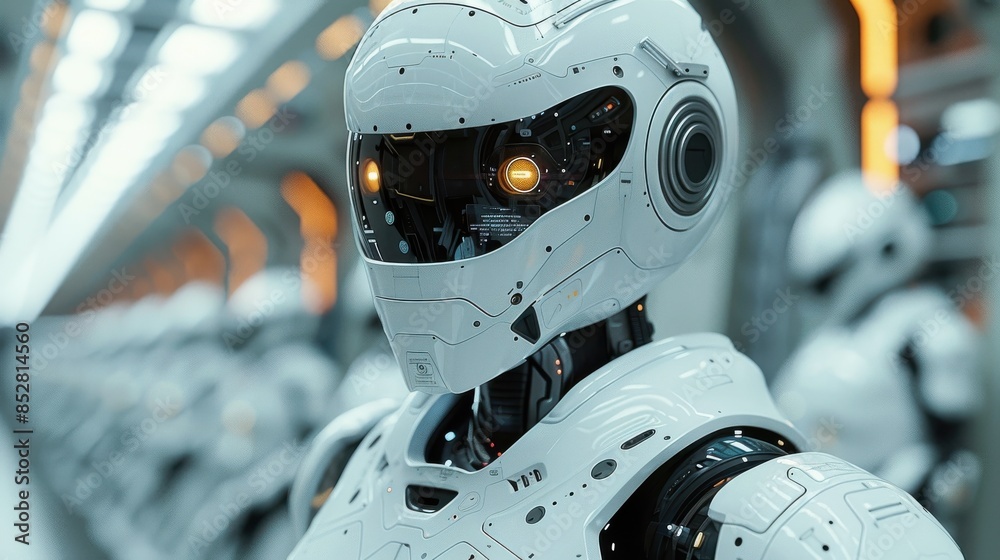 Poster A robot with a white helmet stands in a room full of robots. The robot is the only one with a helmet, and it is the only one that is not white