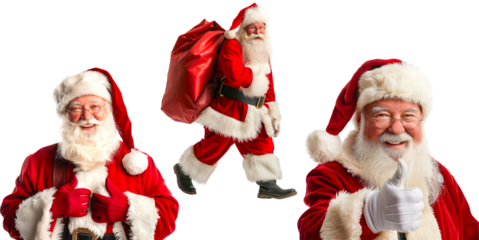 Set of happy Santa Claus on a transparent background.