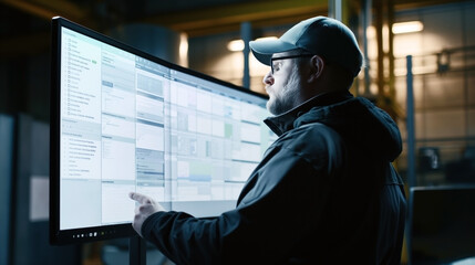 Technician in a cap and glasses operating a large touchscreen interface in an industrial control room.