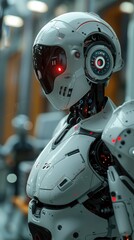 Fototapeta premium A robot with red eyes stands in a room. The robot is wearing a white suit and has a red circle on its head. The robot is surrounded by other robots, and there is a computer monitor in the background