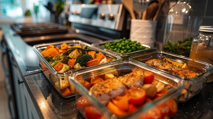 Cut fruit and vegetable into glass containers, Many lunchboxes with different delicious food, Healthy meal prep for a week of workouts. Generative ai