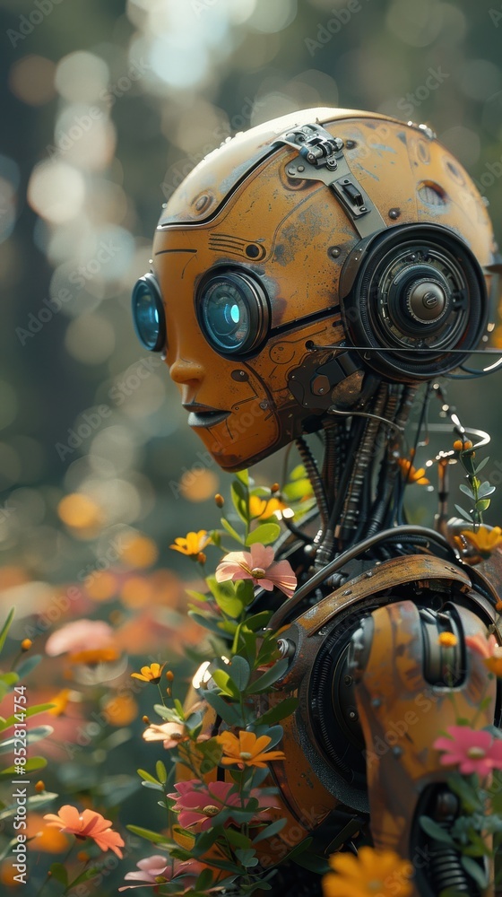 Aufkleber A robot with a yellow body and blue eyes stands in a field of flowers. The robot is surrounded by flowers, with some of them being yellow and orange. The scene is peaceful and serene