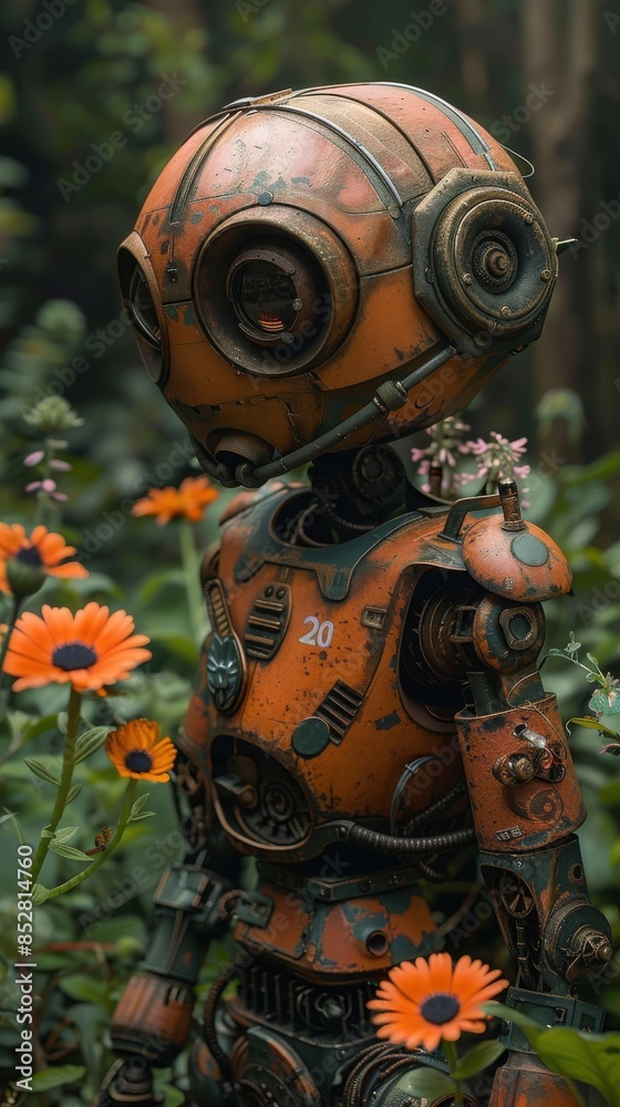 Fototapete A robot with a number 20 on its chest stands in a field of flowers. The robot is orange and has a metallic appearance. The scene is peaceful and serene