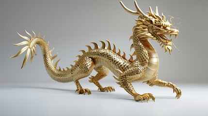 Obraz premium 3D rendering of a golden Chinese dragon statue isolated on a white background