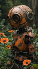 A robot with a number 20 on its chest stands in a field of flowers. The robot is orange and has a metallic appearance. The scene is peaceful and serene