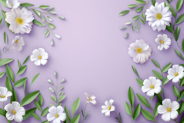 Fototapeta premium Elegant Botanical Floral Border with White Daisies and Green Leaves on Soft Purple Background for Nature Themed Designs, Invitations, and Art Projects