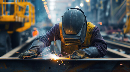 Industrial worker wearing a protective helmet and gloves welding at a workshop with sparks flying.