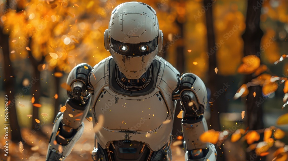 Fototapete a robot is walking through a forest with leaves falling around it. the robot is white and has a meta