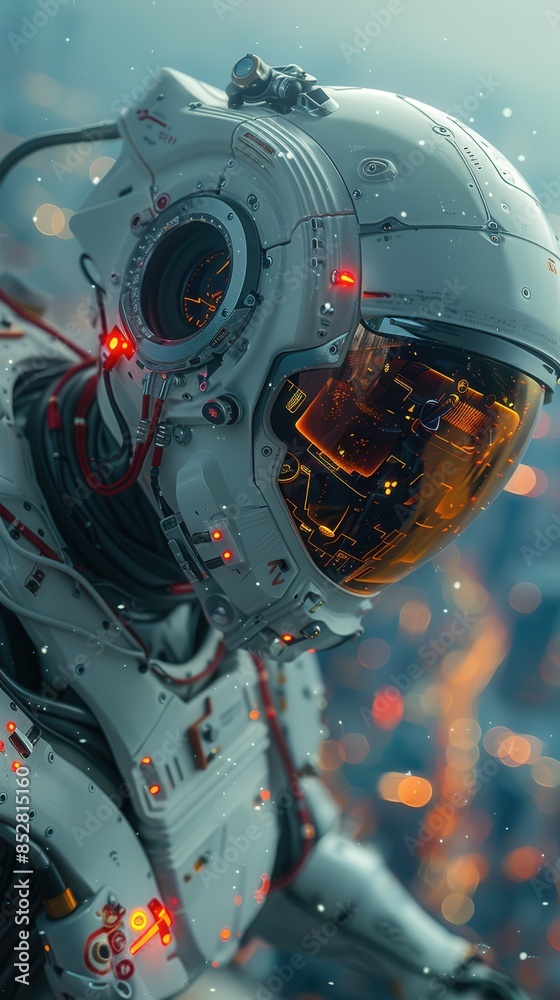 Poster A robot with a helmet on its head. The helmet is orange and has a yellow tint. The robot is in a city with a lot of lights and snow