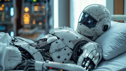 Fototapeta premium A robot is laying on a hospital bed. The robot is white and has a helmet on its head. The robot is not moving and he is resting