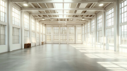 Fototapeta premium Spacious empty industrial-style hall with large windows, high ceilings, and abundant natural light. Minimal furniture enhances the modern aesthetic.