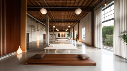 Spacious modern meditation room with wooden ceiling, large windows, minimalist decor, soft lighting, and meditation mats. Tranquil, serene atmosphere.