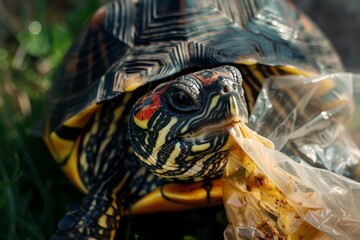 Obraz premium Turtle eating plastic bag close up, plastic pollution