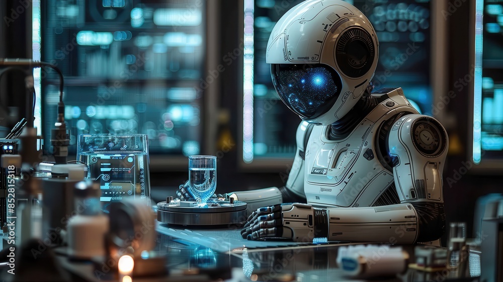 Fototapete a robot is sitting at a table with a cup of water in front of it. the robot is wearing a white helme