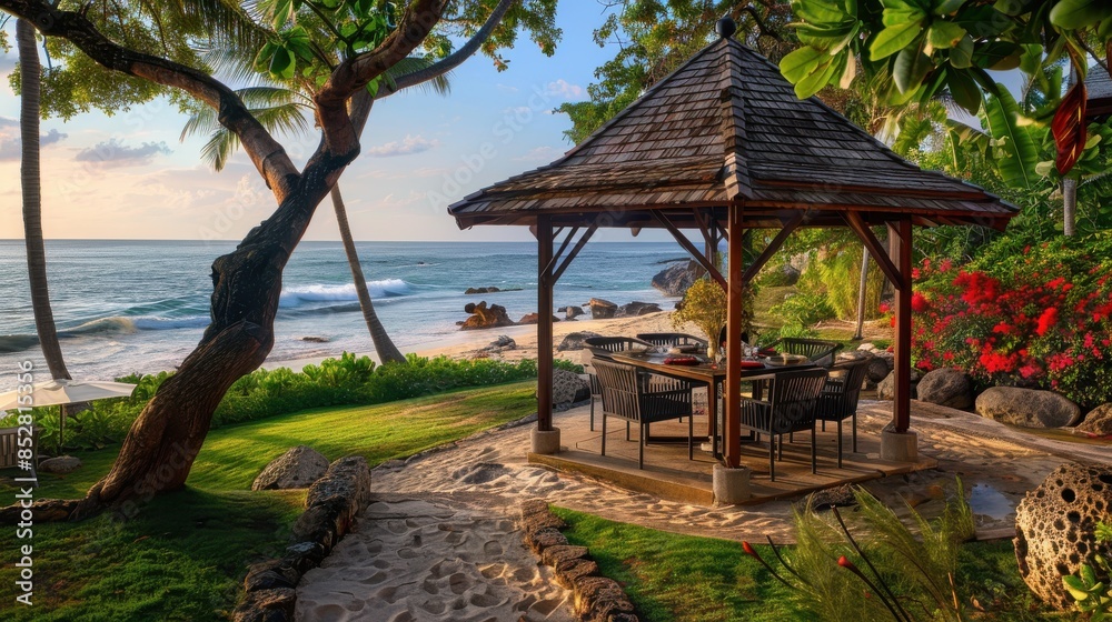 Poster a beach scene with a gazebo and a table with chairs. the gazebo is surrounded by trees and rocks, an