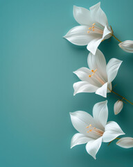 Fototapeta premium Elegant White Lilies on Teal Background Stunning Floral Photography Highlighting Nature's Beauty and Serenity through Minimalist Design and Crisp, Refreshing Color Palette, Ideal for Home Decor