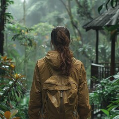 Young woman solo traveling with backpack hiking in jungle, trekking in rain. Active healthy lifestyle adventure journey vacations. Generative ai.