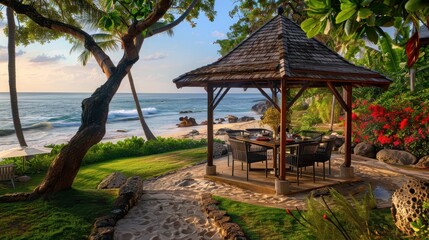 A beach scene with a gazebo and a table with chairs. The gazebo is surrounded by trees and rocks, and there is a bench and a dining table inside. The beach is calm and peaceful