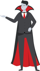 Smiling vampire businessman in a suit and cape gesturing with his hand