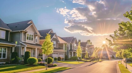 Brand new suburban house in sunny summer afternoon. stock photo 