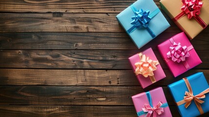 Fototapeta premium Gift boxes wrapped in colored paper for various occasions displayed on a wooden table background