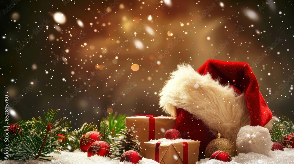 Poster A Christmas scene with a red hat on top of a box and a tree with snow on it