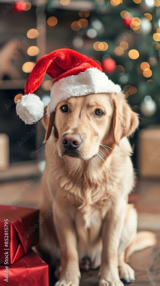 Poster a dog wearing a santa hat is sitting in front of a christmas tree. the dog is looking at the camera 