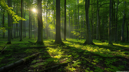Obraz premium Lush green forest with sunlight streaming through the trees