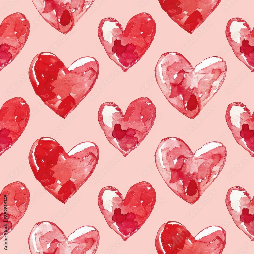 Aufkleber This image features a seamless pattern of red watercolor hearts on a light pink background. The hearts are painted in a whimsical style, with slightly uneven edges and subtle variations in color. This
