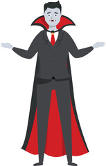 Vampire wearing suit and red cape is spreading his arms wide open, showing his fangs