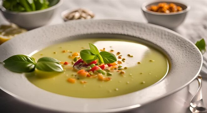 Traditional Spanish cold soup with cucumber and garlic served in a white bowl