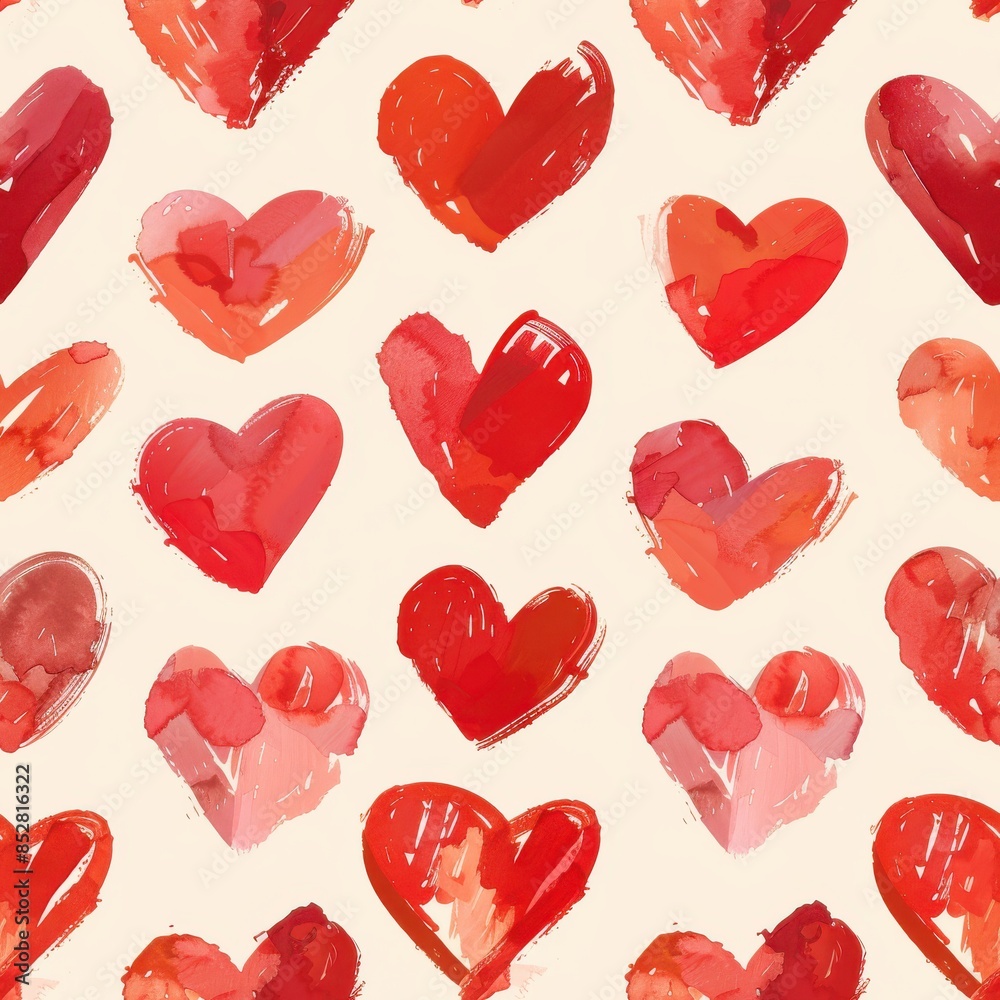 Aufkleber This image features a seamless pattern of red hearts painted in a watercolor style. The hearts are arranged in a repeating pattern on a white background.
