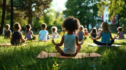 A group of children practicing yoga and meditation on mats in a park under the sunlight. - Powered by Adobe