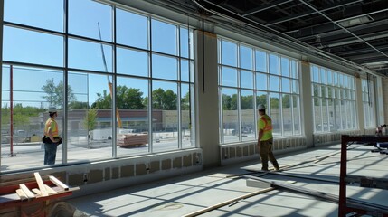 Construction workers in high visibility clothing and hard hats working inside a large building with floor-to-ceiling windows and exposed ceiling.