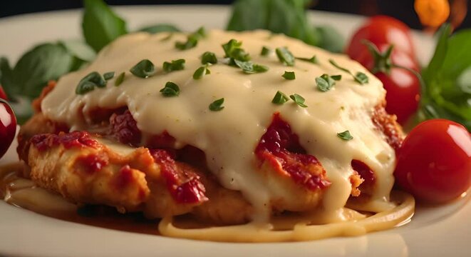 Close-up of Italian-style chicken parmesan made from scratch with cheese and sauce.