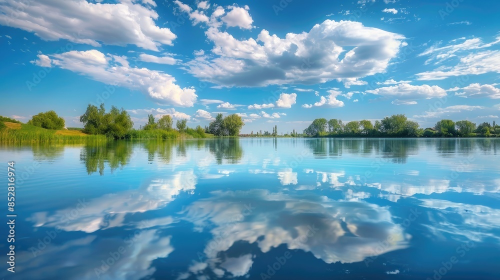 Wall mural a serene lake scene with the lively sky fluffy clouds and trees mirrored evenly in the pure blue wat