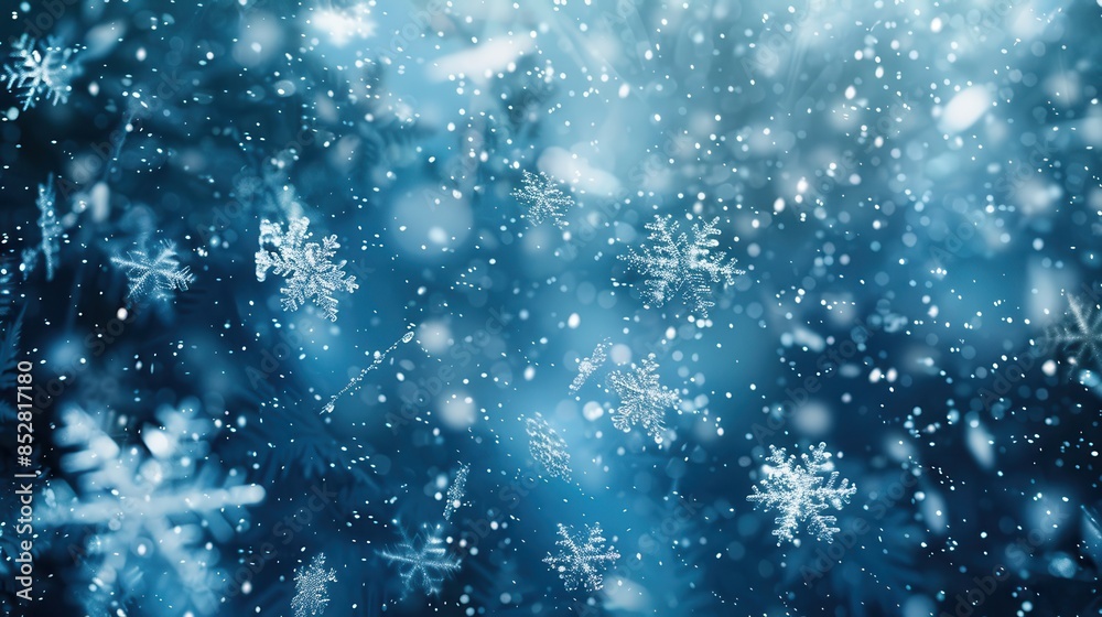 Aufkleber a close-up image of falling snowflakes against a blurred blue background. the snowflakes are in focu