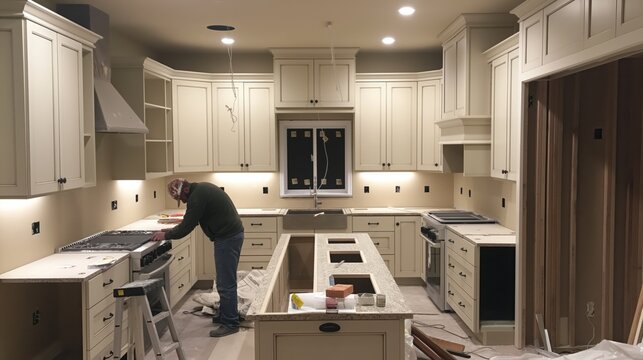 Worker installing countertops in a modern kitchen under construction with white cabinets and recessed lighting.