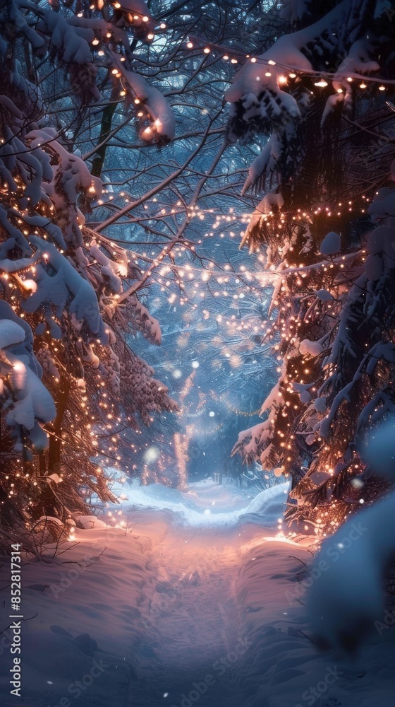 Poster A snowy forest path at night, illuminated by strings of warm, white lights. The path winds through the snow-covered trees, creating a magical and enchanting scene. The soft glow of the lights casts a 
