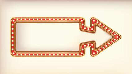 Retro advertising arrow sign red marquee gold light board on white background. Vector illustration