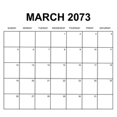 march 2073. monthly calendar design. week starts on sunday. printable, simple, and clean vector design isolated on white background.